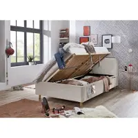 Meise Stauraumbett Cosy 120x200 cm | Bettkasten & Lattenrost (Federholzrahmen) | USB | Strukturstoff Beige | Holzfuß eichefarbig