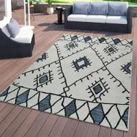 TT Home Flachgewebter In- & Outdoor Teppich Ethno Abstraktes Geometrisches Design Blau Größe 120x160 cm