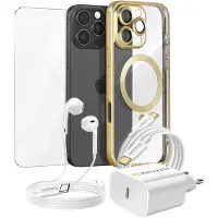 Mayaxess , Essential-Paket für iPhone 16 Pro Max Hülle, Schutzglas, Ladegeräte, Kopfhörer, Gold