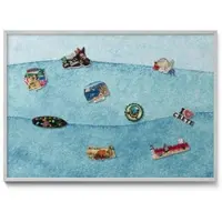 Tulup Magnettafel Magnetboard Gerahmt für Urlaubsmagnete Aquarell Blaue Wellen 100x70 cm Bedruckte Magnettafel für die Wand Silberner Rahmen