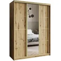 Masseno Schiebetürenschrank VARO 150/205/60 cm Kleiderschrank mit Schubladen Schlafzimmer Schrank 3-türig mit Spiegel Eiche Artisan + Gold