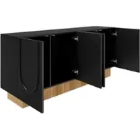 OKWISH Sideboard-Schrank aus Spanplatte in Schwarz/Holzfarbe, 160x38x75 cm, 4 Türen, matte Front mit U-Relief, pflegeleicht