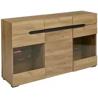 OKWISH Sideboard aus Spanplatte in Eiche, 140x35x80 cm, mit 3 Türen, 3 Schubladen und App-gesteuerter LED-Beleuchtung