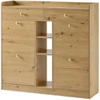 STILVORA Schuhschrank mit 4 Klapptüren, 2 Schubladen und 3 offenen Fächern, Aufbewahrungsschrank geräumig und platzsparend, Flurschrank für Eingangsbereich Holzfarbe
