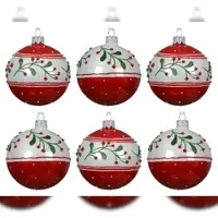 Christmas Decoration 6 Glaskugeln Weihnachtsmotive 8cm Handbemalt Mundgeblasen Weihnachtskugeln Christbaumkugeln Mistelzweig Beeren Glitzer Schneepunkte Rot Weiß