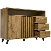 OKWISH Sideboard Holz Dunkle Eiche 120x40x85 cm mit 3 Schubladen, 2 Türen, offenem Fach und höhenverstellbarem Einlegeboden