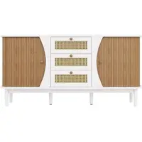 MODFU Sideboard aus MDF und Spanplatte in Weiß/Holzfarbe, 140,5x40x76 cm, mit 3 Rattanschubladen