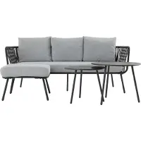 CARO-Möbel Gartenlounge MYKONOS, schwarz/grau - Balkon Lounge Sofa mit Dreisitzer, Hocker & Beistelltisch, wasserabweisende Kissen, wetterfest für Balkon und Terrasse