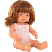 Miniland Lernpuppe 38 cm Rothaariges Mädchen, im rosa Overall, duftender Körper