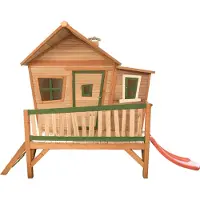 Axi Spielhaus Emma mit roter Rutsche | Stelzenhaus in Braun & Grün aus Holz für Kinder | Spielturm für den Garten