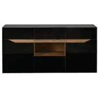 MODFU Sideboard aus Spanplatte in Schwarz/Naturholz, 140 x 40 x 70 cm, mit LED und 4 Schubladen