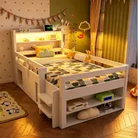 OKWISH Einzelbett 90×200 Schrank mit Schiebetüren, Kinderbett mit USB und LED-Beleuchtung, Holzbett Weiß,ohne Matratze