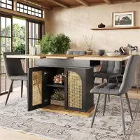 OKWISH klappbarer Küchentisch mit PE Rattan-Schranktüren,Ausziehbarer Esstisch für 4-6 Personen,Küchenschrank für Küche und Wohnzimmer,Schwarz