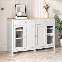 OKWISH Sideboards MDF Weiß/Holzfarbe 120x37x80 cm mit 2 Schubladen, 4 Türen und verstellbaren Regalböden
