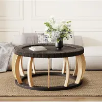 OKWISH Runder Couchtisch mit geschwungene Beine Vintage-Beistelltisch Sofatisch aus massivem Rattanholz Schwarz