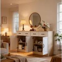 OKWISH Moderner Sideboard mit 4 Schubladen und Metallgriffen, Kommode geriffeltem Design, Aufbewahrungsschrank Viel Stauraum, Weiß