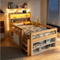 OKWISH Einzelbett 90×200 Schrank mit Schiebetüren, Kinderbett mit USB und LED-Beleuchtung, Holzbett Natur,ohne Matratze