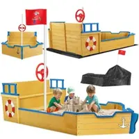 Kidiz Sandkasten Ahoi - Piratenschiff Boot Segelschiff aus Holz Inkl. Abdeckung, Bodenplane, Sitzbank, Flaggenmast, Sandspielzeug Große Kinder Sandkiste für den Garten Outdoor Sandbox