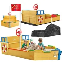 Kidiz Sandkasten Ahoi - Piratenschiff Boot Segelschiff aus Holz Inkl. Abdeckung, Bodenplane, Sitzbank, Flaggenmast, Sandspielzeug Große Kinder Sandkiste für den Garten Outdoor Sandbox
