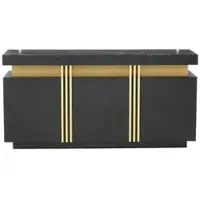 OKWISH Sideboard aus Spanplatte in Schwarz mit Marmoroptik, 140x38x70 cm, 3 Türen, 6 Fächer, verstellbare Einlegeböden