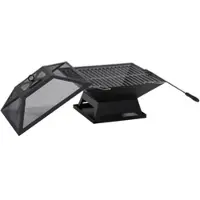 MODFU Feuerschale Stahl Schwarz 45x45x34 cm mit Grillrost, Funkenschutz und Schürhaken