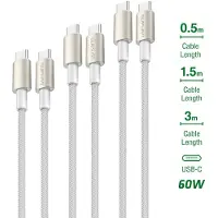 4smarts USB-C auf USB-C Kabel PremiumCord 60W 3er Set 0,5m+1,5m+3m weiß / silber