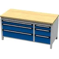 OttoKind Otto Kind Breitfachwerkbank Typ 430, Buche Multiplexplatte, bündig, bis 1400 kg, B 1697 x T 750 x H 850 mm, Stahl, Zentralverschluss, weißaluminium/enzianblau