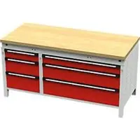 OttoKind Otto Kind Breitfachwerkbank Typ 420, bündig, Buche Multiplexplatte, bis 1400 kg, B 1697 x T 750 x H 850 mm, Stahl, Zentralverschluss, lichtgrau/feuerrot