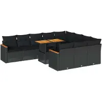 vidaXL 11-tlg. Garten-Sofagarnitur mit Kissen Schwarz Poly Rattan