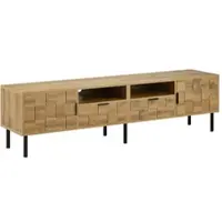 STILVORA TV-Lowboard mit 2 Türen und 2 Schubladen, Mosaik-TV-Schrank mit offenen Fächern und Holzoptik, Medienkommode aus Spanplatte mit Metallfüßen für Wohnzimmer