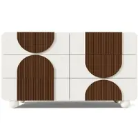 OKWISH Kommode Holz Weiß mit 6 Schubladen, MDF & Massivholz, geschwungenes Design, leise Gleitschienen, 121x41x71 cm
