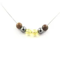 Bijoux Steine und Mineralien. Halskette Perlen Citrin + Hämatit + Holz 8 mm Kette aus Edelstahl.