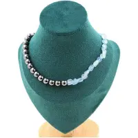 Bijoux Steine und Mineralien. Collier mit Aigue-Marine-Perlen aus Brasilien + Hämatit 8 mm. Stahlkette Collier für Frauen, Männer. Personalisierte Größe