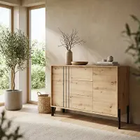 Masseno Kommode VALOZA 120 cm Sideboard mit 3 Schubladen und 2 Türen für Wohnzimmer Schlafzimmer Modern 120x40x87 cm Eiche Artisan