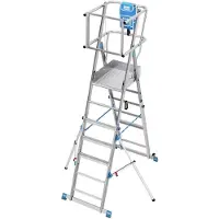 Krause STABILO SkyMatic 1x5–1x9 Teleskop-Plattformleiter, fahrbar, ClickMatic, Plattform 600x500 mm, Geländer, AH 3,30–4,35 m
