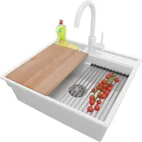 PrimaGran Granitspüle Weiß 58x53cm, Spülbecken 1 Becken + Küchenarmatur 32x20cm + Ablauf-Set + Küchenzubehörset, Küchenspüle ab 60er Unterschrank - Oslo Pocket