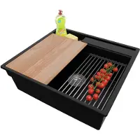 PrimaGran Spülbecken Schwarz 58x53cm, Granitspüle 1 Becken + Ablauf-Set + Küchenzubehörset, Küchenspüle ab 60er Unterschrank - Oslo Pocket