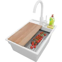 PrimaGran Granitspüle Weiß 38x53cm, Spülbecken 1 Becken + Küchenarmatur 32x20cm + Ablauf-Set + Küchenzubehörset, Küchenspüle ab 40er Unterschrank - Oslo Pocket