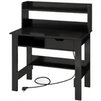 Costway Schreibtisch mit Steckdosen, Kleiner Computertisch mit Aufsatz, offenem Fach & Schublade, PC-Tisch, Bürotisch 95x56x109,5cm Schwarz