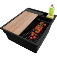 PrimaGran Spülbecken Alles Schwarz 43x53cm, Granitspüle 1 Becken + Ablauf-Set + Küchenzubehörset, Küchenspüle ab 45er Unterschrank - Oslo Pocket