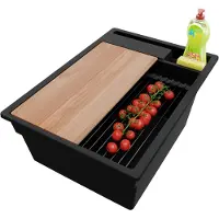 PrimaGran Spülbecken Alles Schwarz 38x53cm, Granitspüle 1 Becken + Ablauf-Set + Küchenzubehörset, Küchenspüle ab 40er Unterschrank - Oslo Pocket