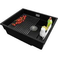 PrimaGran Unterbauspüle Granit Schwarz 56x47cm, Spülbecken 1 Becken + Ablauf-Set + Aufrollbare Abtropffläche, Granitspüle ab 60er Unterschrank - Praga