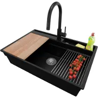 PrimaGran Granitspüle Schwarz 78x53cm, Spülbecken 1 Becken + Ablauf-Set + Küchenzubehörset, Küchenspüle ab 80er Unterschrank - Oslo Pocket