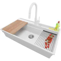 PrimaGran Granitspüle Weiß 88x53cm, Spülbecken 1 Becken + Küchenarmatur 40x20cm + Ablauf-Set + Küchenzubehörset, Küchenspüle ab 90er Unterschrank - Oslo Pocket
