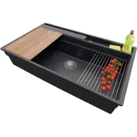 PrimaGran Spülbecken Anthrazit 88x53cm, Granitspüle 1 Becken + Ablauf-Set + Küchenzubehörset, Küchenspüle ab 90er Unterschrank - Oslo Pocket
