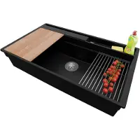 PrimaGran Spülbecken Schwarz 88x53cm, Granitspüle 1 Becken + Ablauf-Set + Küchenzubehörset, Küchenspüle ab 90er Unterschrank - Oslo Pocket