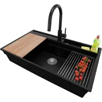 PrimaGran Granitspüle Schwarz 88x53cm, Spülbecken 1 Becken + Ablauf-Set + Küchenzubehörset, Küchenspüle ab 90er Unterschrank - Oslo Pocket