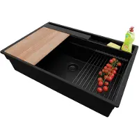 PrimaGran Spülbecken Alles Schwarz 78x53cm, Granitspüle 1 Becken + Ablauf-Set + Küchenzubehörset, Küchenspüle ab 80er Unterschrank - Oslo Pocket