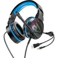 Hoco Gaming W104 Headset für PC, Laptop Stereo Virtual Surround Sound, mit Mikrofon LED-Beleuchtung Over-Ear Kopfhörer Ohrhörer, schwarz/blau
