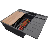 PrimaGran Spülbecken Anthrazit 62x53cm, Granitspüle 1 Becken + Ablauf-Set + Küchenzubehörset, Küchenspüle ab 45er Unterschrank - Sydney Pocket